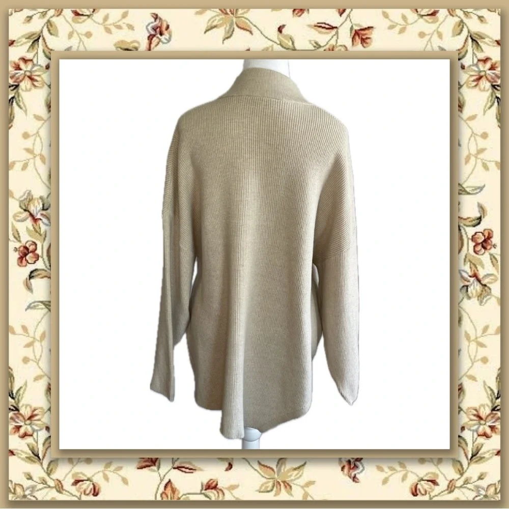 Ophelia Roe Tan Mock Neck Asymmetrical Hem Ribbed Sweater - Picture 3 of 4